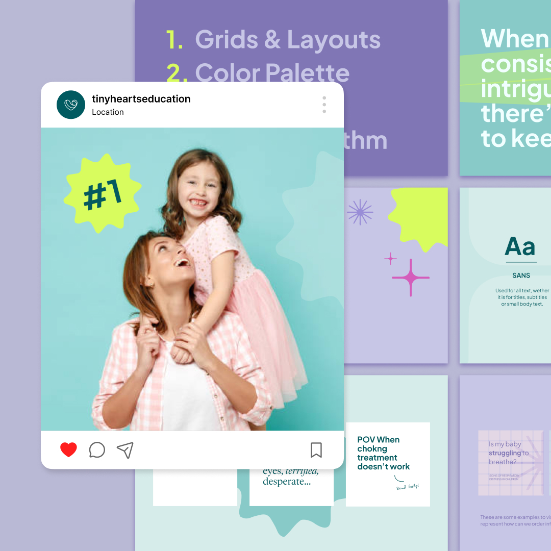 Startups 9 A smiling adult holds a happy child in a social media post with a #1 symbol. The background features text about grids, layouts, and unlimited graphic design elements on a colorful, collage-like backdrop.