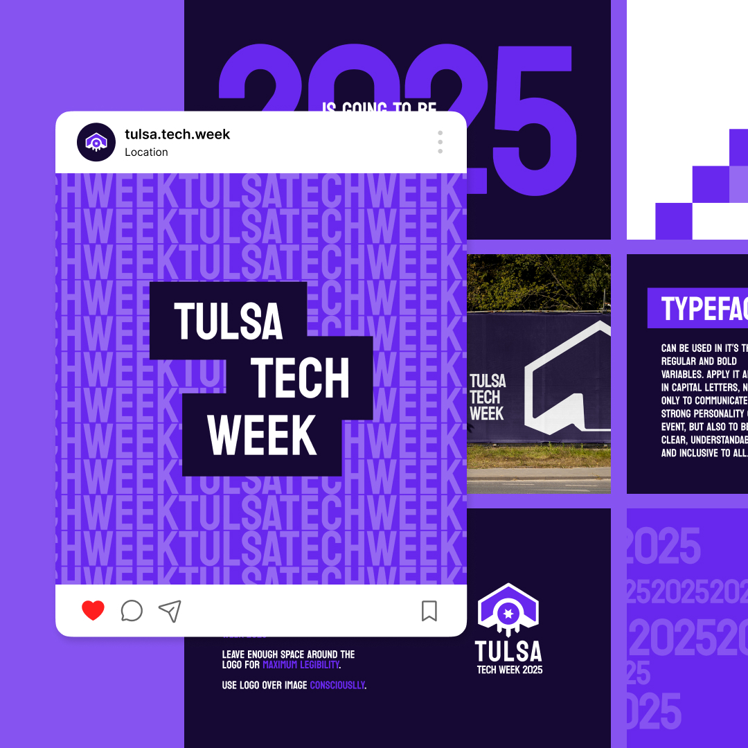 Startups 14 Collage showcasing a Tulsa Tech Week promo image. Features an Instagram post mockup, striking 2025 text, a logo, typography guidelines, and an event banner photo—all in purple and white with hints of unlimited graphic design potential.