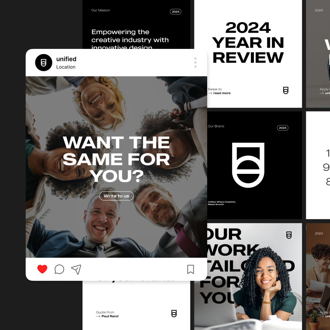 Custom Illustrations 28 Collage of Instagram-style posts, featuring a central image of a diverse group smiling at the camera with Want the Same for You? text. Other sections showcase 2024 Year in Review and a person at a desk, highlighting our reel unlimited design subscription service.