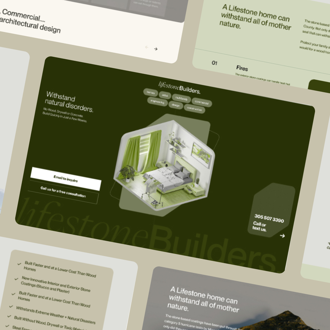 A collage of web pages for Lifestone Builders showcases unlimited graphic design. The main section features a 3D room rendering with furniture in green tones and text highlighting durability against natural disasters. Contact details, including a consultation email, are prominently visible.